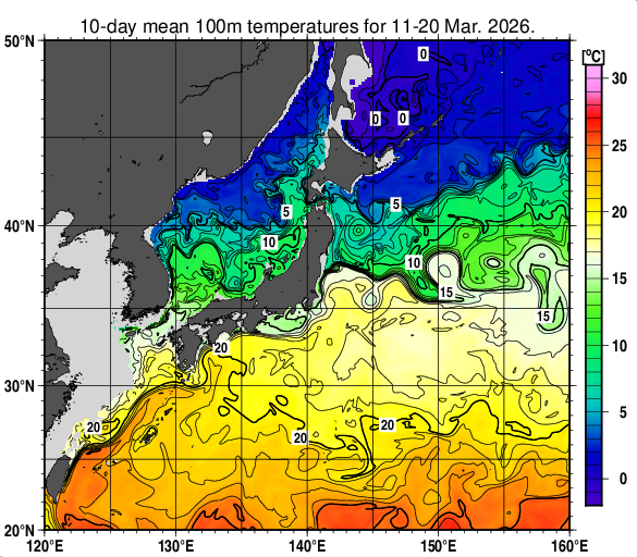 日本近海の深さ100mの旬平均水温分布図（2026年3月中旬）