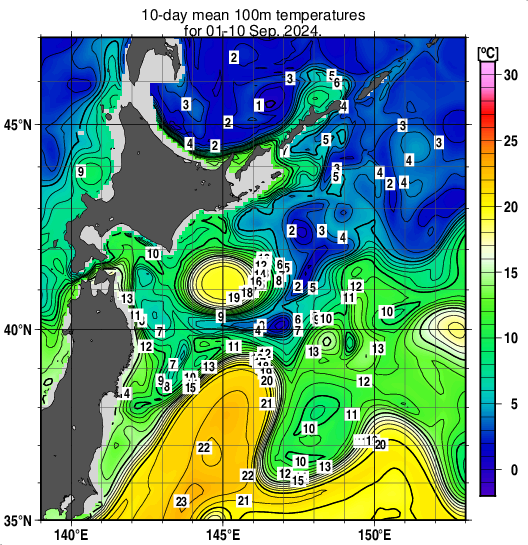 親潮域の深さ100mの旬平均水温分布図（2024年9月上旬）