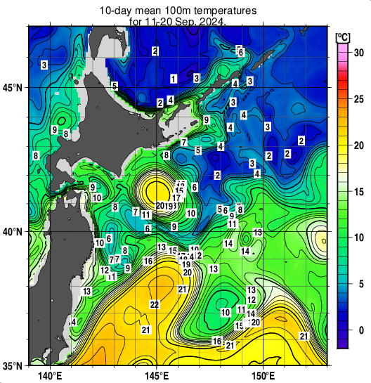 親潮域の深さ100mの旬平均水温分布図（2024年9月中旬）