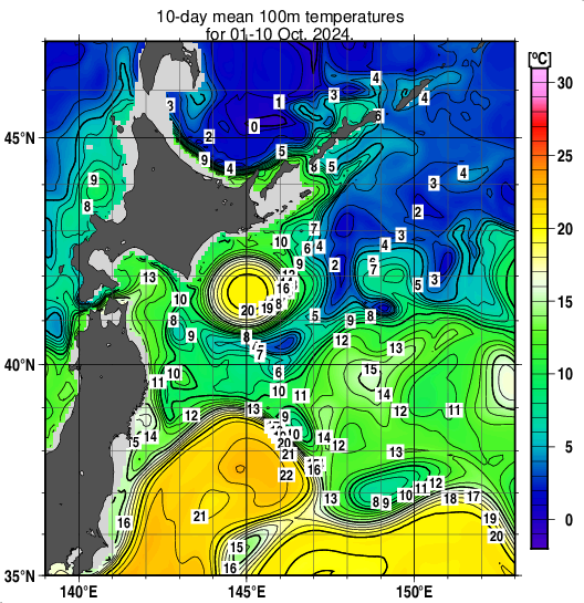 親潮域の深さ100mの旬平均水温分布図（2024年10月上旬）