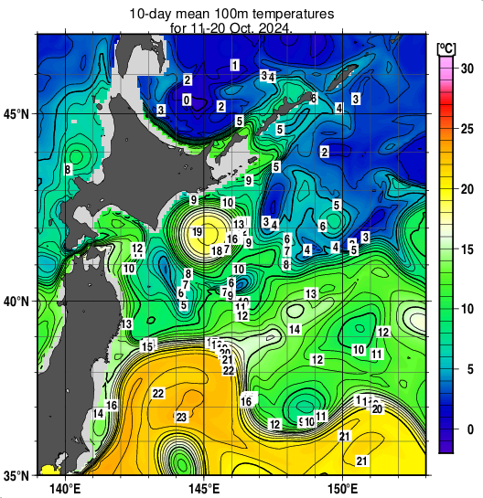 親潮域の深さ100mの旬平均水温分布図（2024年10月中旬）