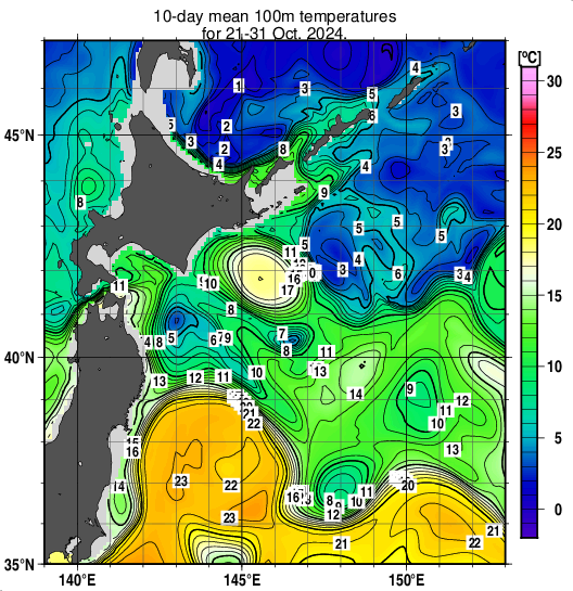 親潮域の深さ100mの旬平均水温分布図（2024年10月下旬）