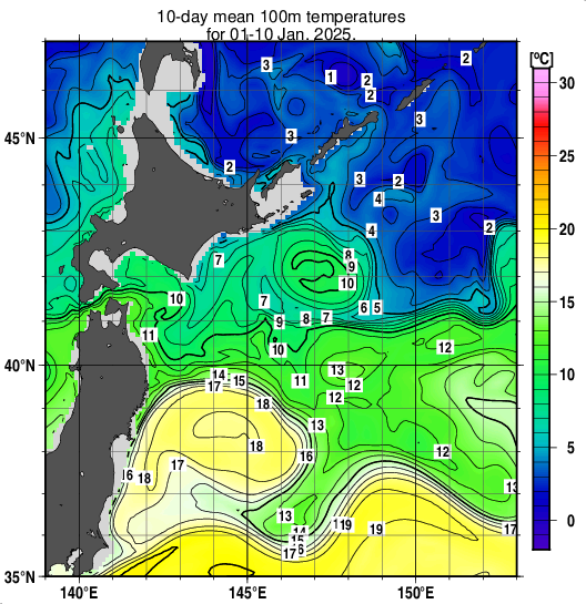 親潮域の深さ100mの旬平均水温分布図（2025年1月上旬）