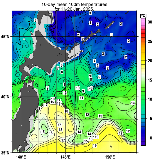 親潮域の深さ100mの旬平均水温分布図（2025年1月中旬）