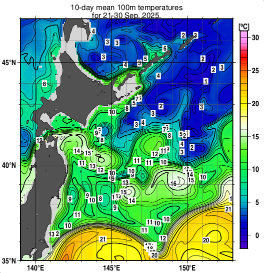 親潮域の深さ100mの旬平均水温分布図（2025年9月下旬）