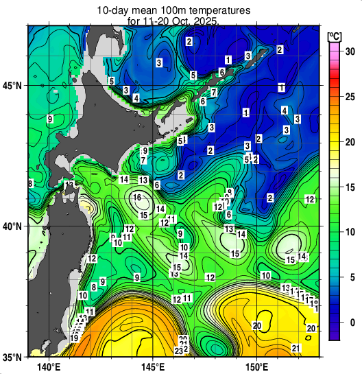 親潮域の深さ100mの旬平均水温分布図（2025年10月中旬）