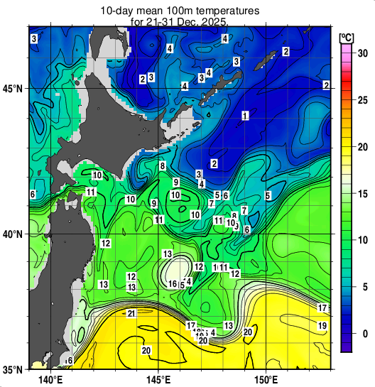 親潮域の深さ100mの旬平均水温分布図（2025年12月下旬）