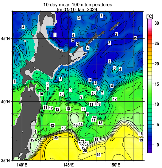 親潮域の深さ100mの旬平均水温分布図（2026年1月上旬）