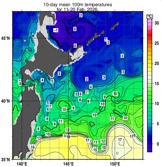 親潮域の深さ100mの旬平均水温分布図（2026年2月中旬）