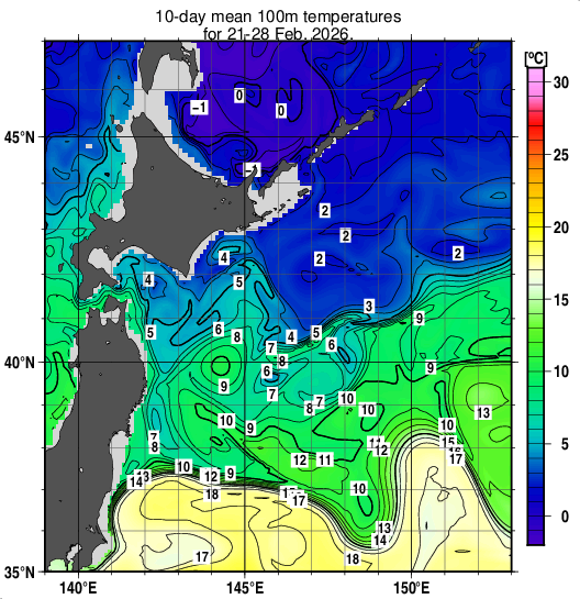 親潮域の深さ100mの旬平均水温分布図（2026年2月下旬）
