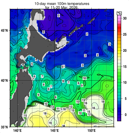 親潮域の深さ100mの旬平均水温分布図（2026年3月中旬）