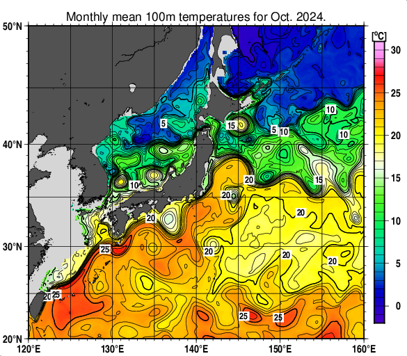 日本近海の深さ100mの月平均水温分布図（2024年10月）