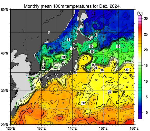 日本近海の深さ100mの月平均水温分布図（2024年12月）