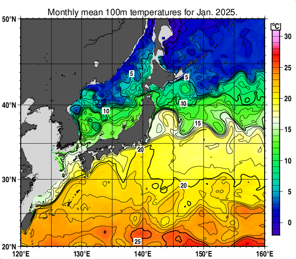 日本近海の深さ100mの月平均水温分布図（2025年1月）