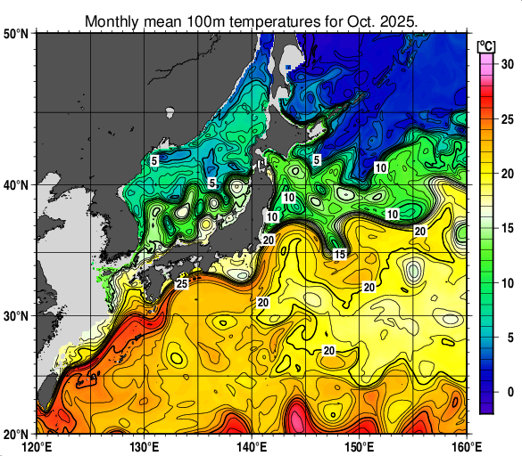 日本近海の深さ100mの月平均水温分布図（2025年10月）