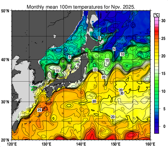 日本近海の深さ100mの月平均水温分布図（2025年11月）