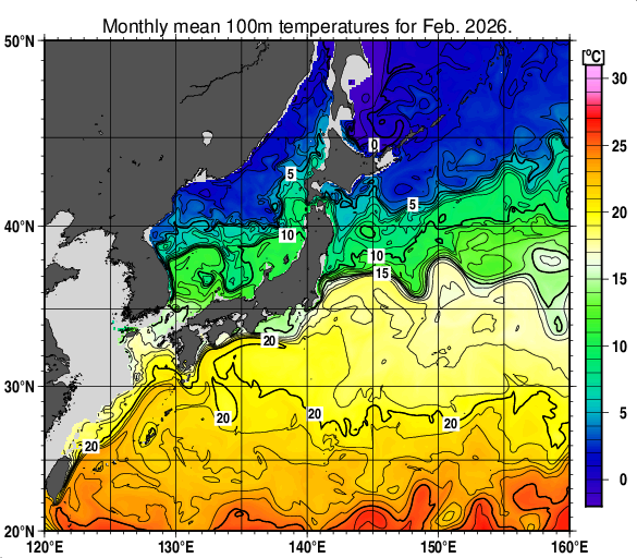 日本近海の深さ100mの月平均水温分布図（2026年2月）
