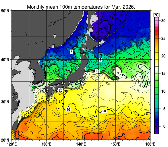 日本近海の深さ100mの月平均水温分布図（2026年3月）