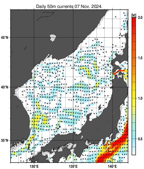 日本海の深さ50mの海流分布図（11月7日）