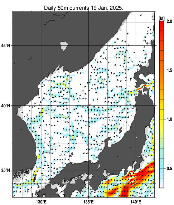 日本海の深さ50mの海流分布図（1月19日）