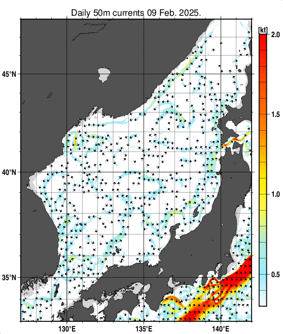 日本海の深さ50mの海流分布図（2月9日）