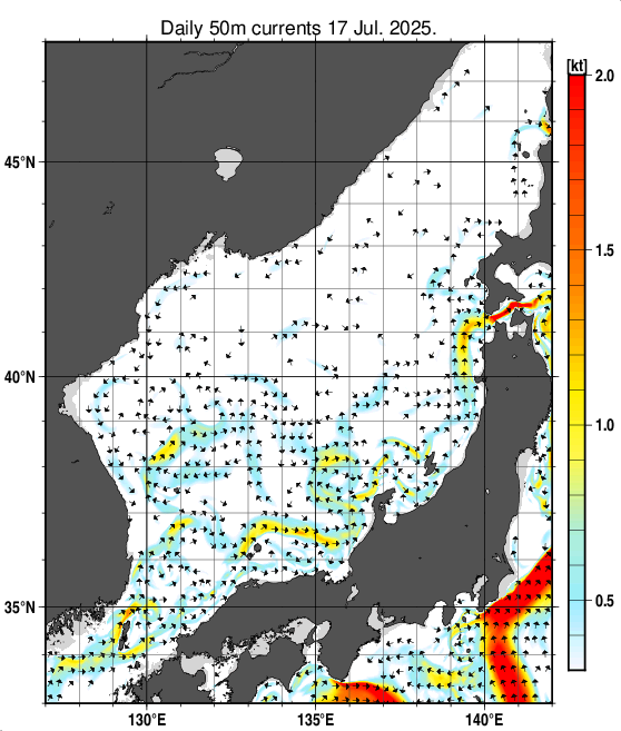 日本海の深さ50mの海流分布図（7月17日）