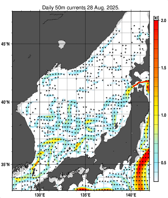 日本海の深さ50mの海流分布図（8月28日）