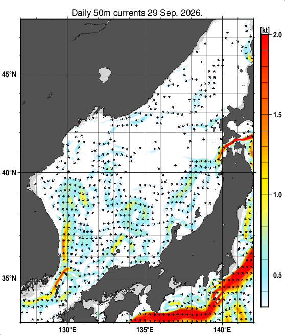 日本海の深さ50mの海流分布図（9月29日）
