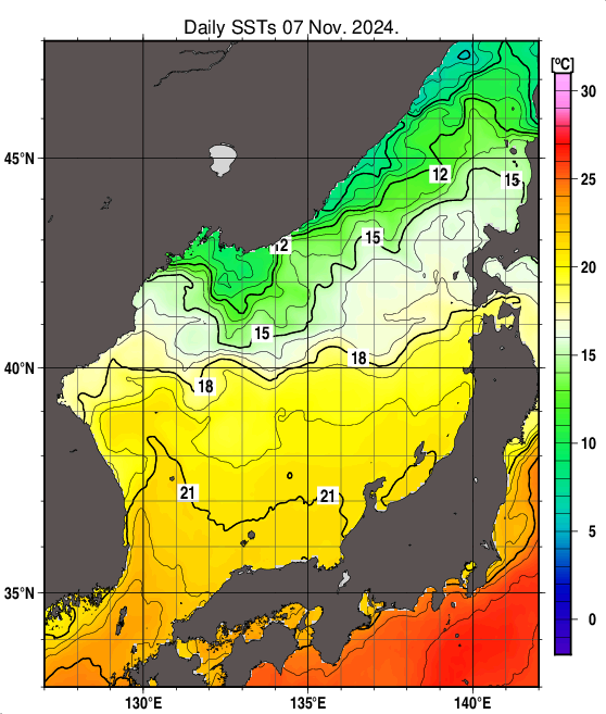 日本海の海面水温分布図（11月7日）