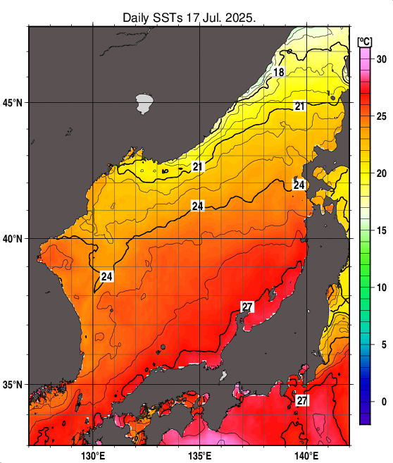 日本海の海面水温分布図（7月17日）