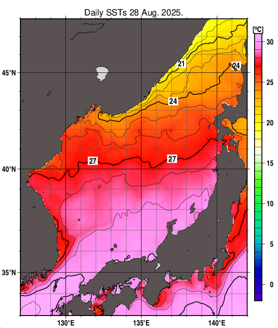 日本海の海面水温分布図（8月28日）