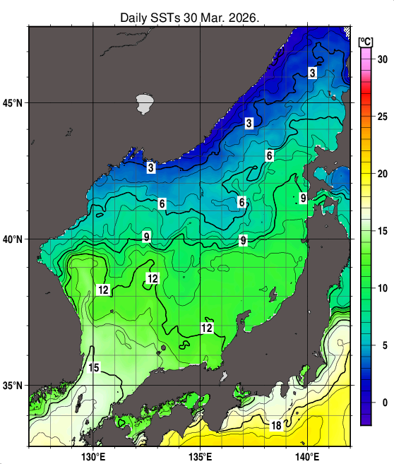 日本海の海面水温分布図（3月30日）