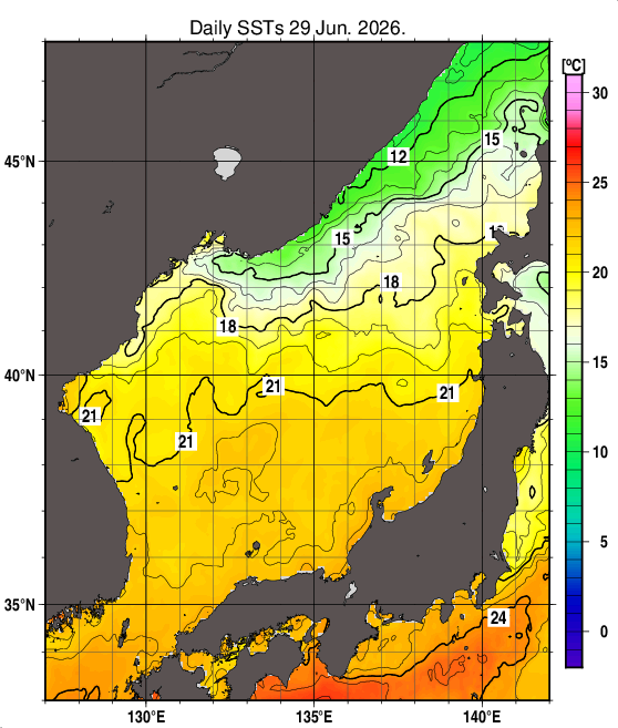 日本海の海面水温分布図（6月29日）