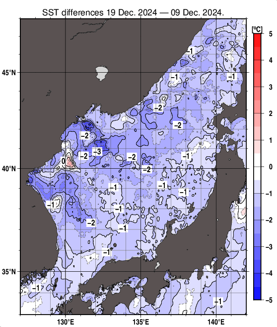 日本海の10日間の海面水温変化量分布図（12月19日）