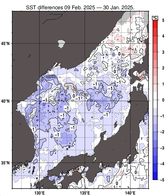 日本海の10日間の海面水温変化量分布図（2月9日）