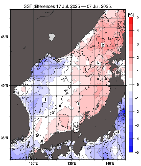 日本海の10日間の海面水温変化量分布図（7月17日）