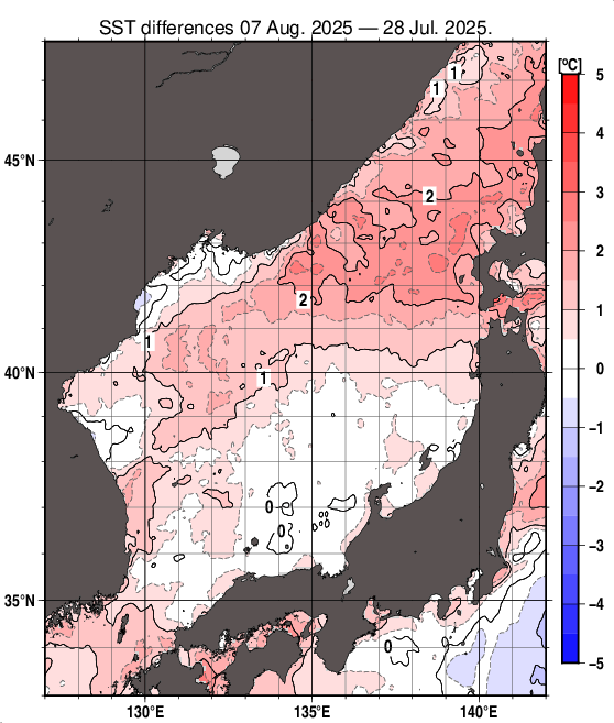 日本海の10日間の海面水温変化量分布図（8月7日）