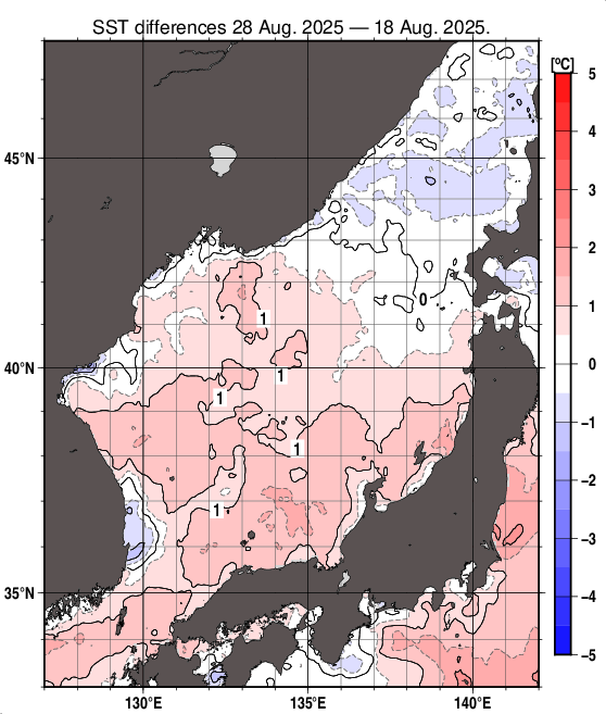 日本海の10日間の海面水温変化量分布図（8月28日）