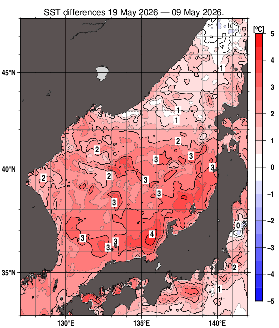 日本海の10日間の海面水温変化量分布図（5月19日）