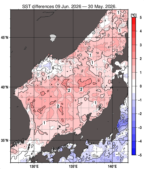日本海の10日間の海面水温変化量分布図（6月9日）