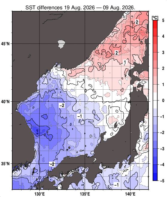 日本海の10日間の海面水温変化量分布図（8月19日）
