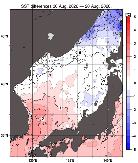日本海の10日間の海面水温変化量分布図（8月30日）