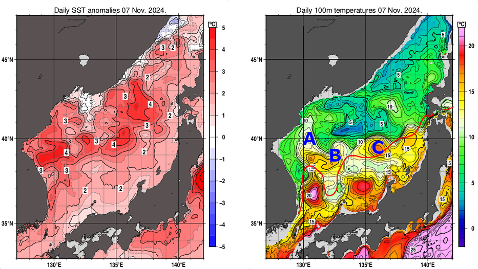 日本海の海面水温平年差分布図および深さ100mの水温分布図（11月7日）