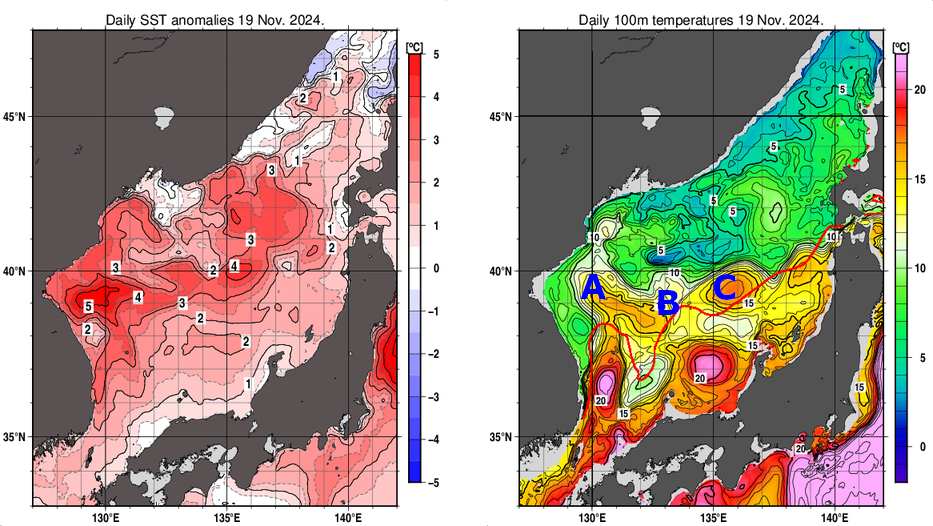 日本海の海面水温平年差分布図および深さ100mの水温分布図（11月19日）