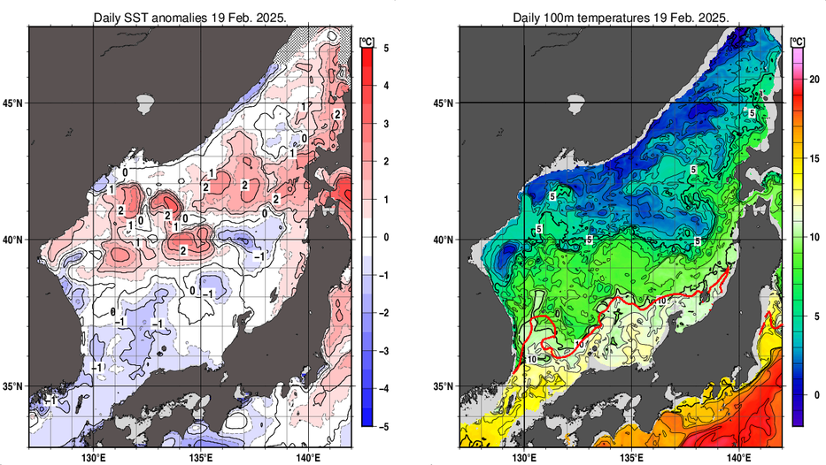 日本海の海面水温平年差分布図および深さ100mの水温分布図（2月19日）