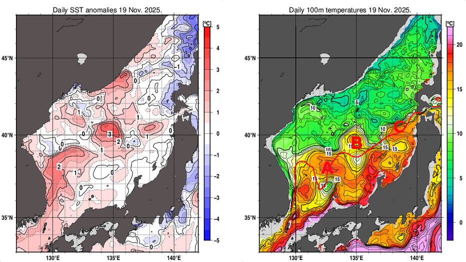 日本海の海面水温平年差分布図および深さ100mの水温分布図（11月19日）