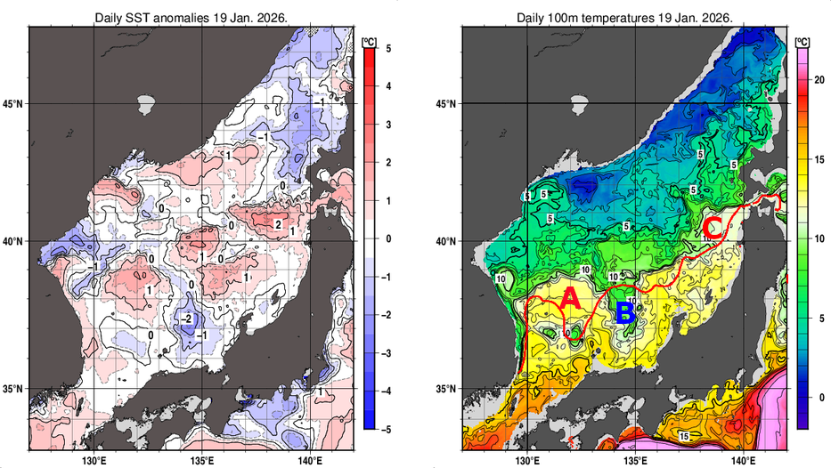 日本海の海面水温平年差分布図および深さ100mの水温分布図（1月19日）