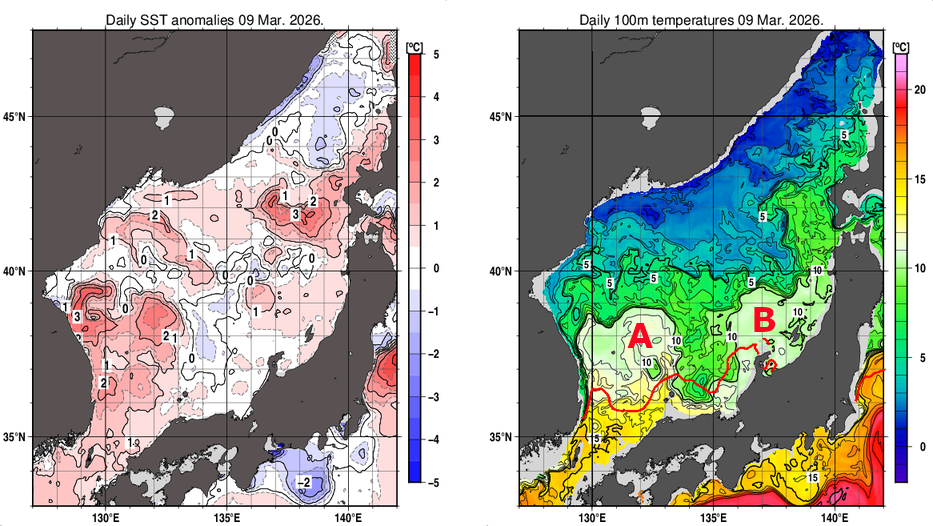 日本海の海面水温平年差分布図および深さ100mの水温分布図（3月9日）