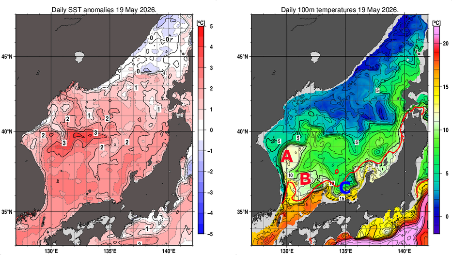 日本海の海面水温平年差分布図および深さ100mの水温分布図（5月19日）