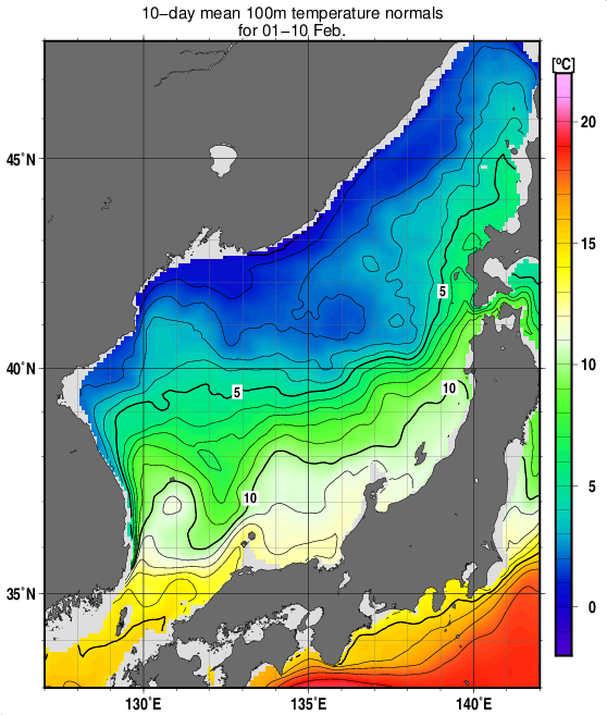 日本海の深さ100mの水温の旬別平年値(1993～2017年の25年間の平均)(2月上旬)